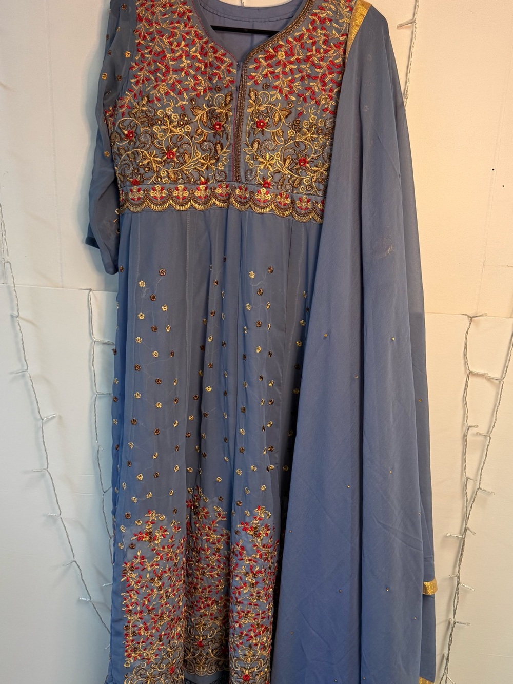 Gown Blue Embroidered Women’s Long Dress with Red & Gold Accents